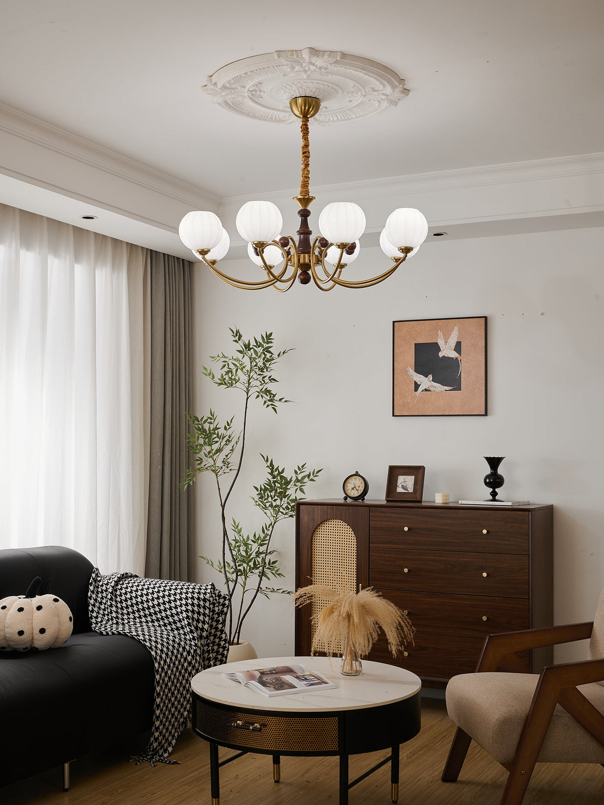 Livia Six-Light Modern Globe Chandelier in Walnut and Gold