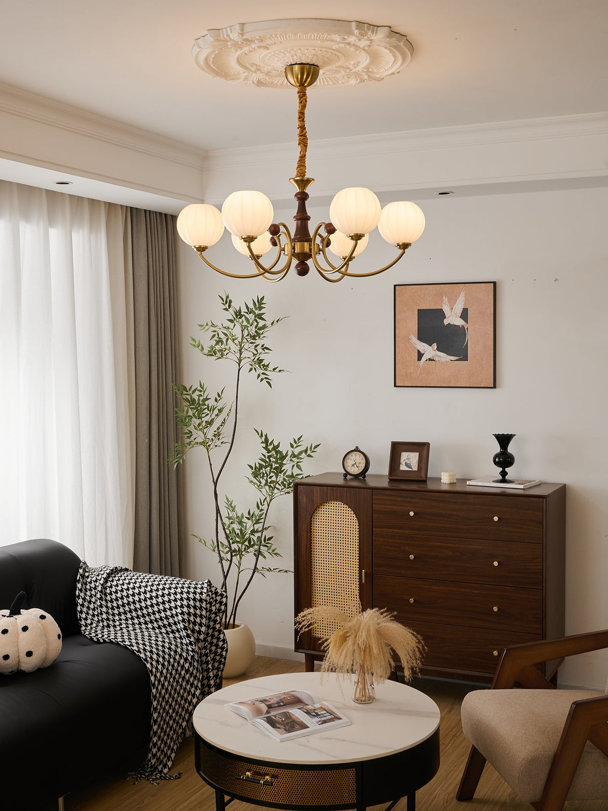 Livia Six-Light Modern Globe Chandelier in Walnut and Gold