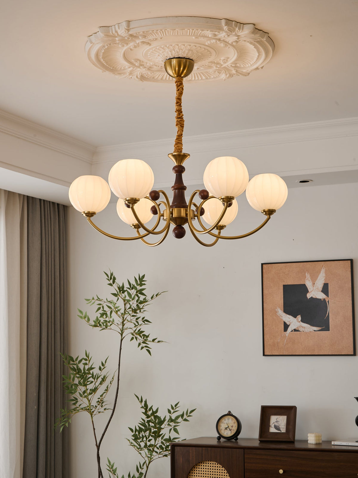 Livia Six-Light Modern Globe Chandelier in Walnut and Gold