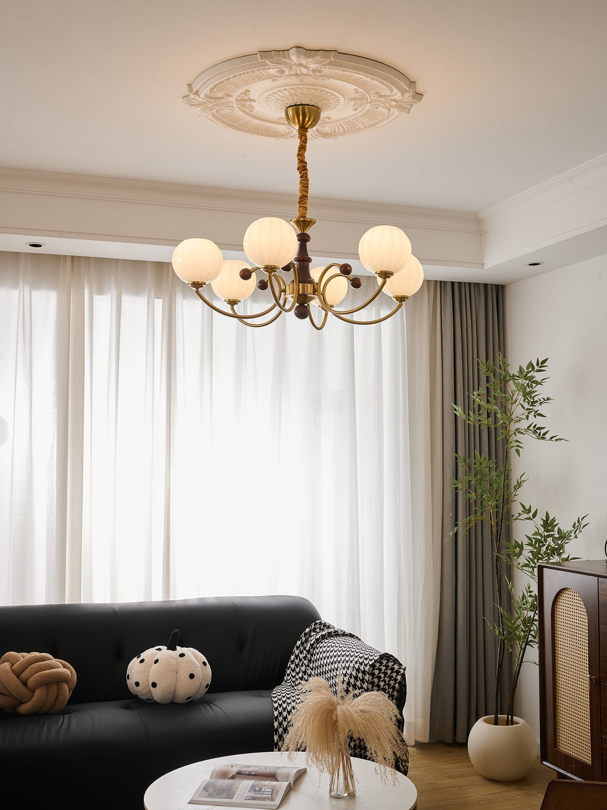 Livia Six-Light Modern Globe Chandelier in Walnut and Gold