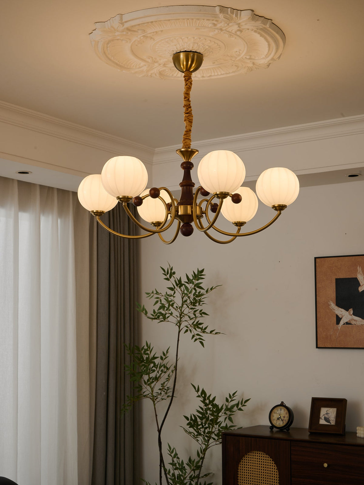 Livia Six-Light Modern Globe Chandelier in Walnut and Gold
