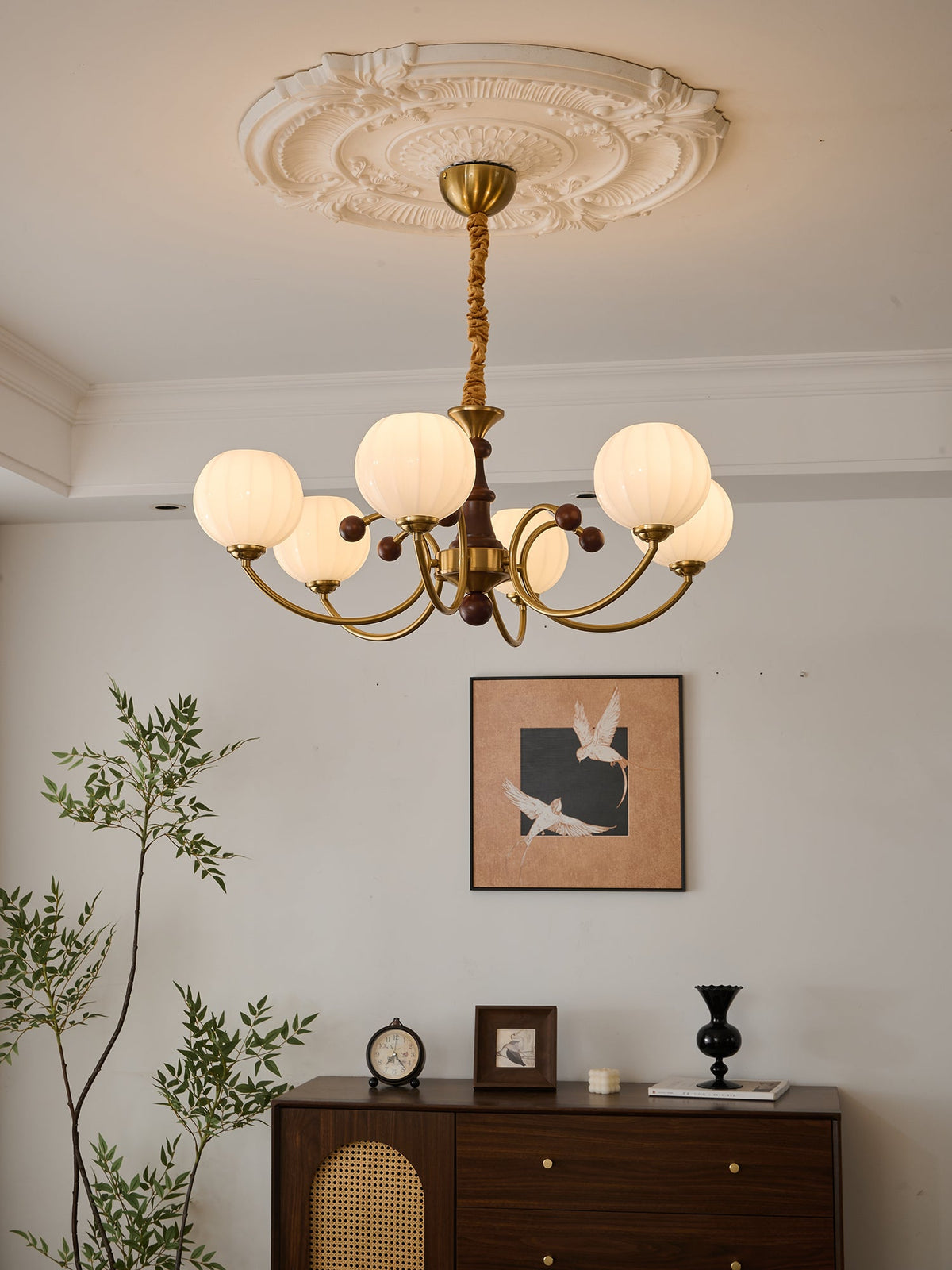 Livia Six-Light Modern Globe Chandelier in Walnut and Gold
