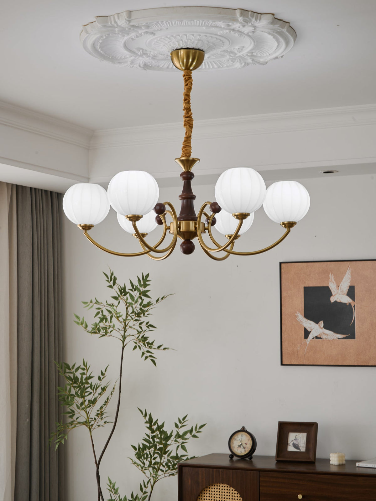 Livia Six-Light Modern Globe Chandelier in Walnut and Gold