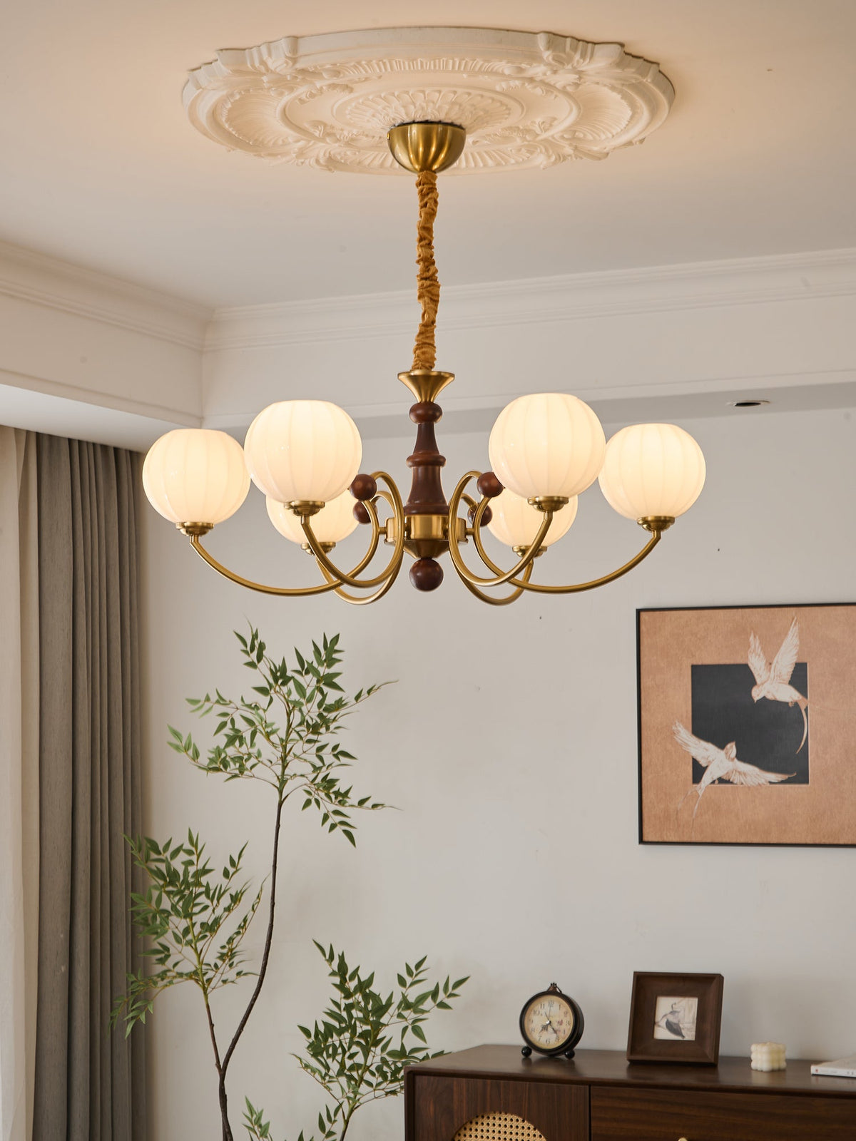 Livia Six-Light Modern Globe Chandelier in Walnut and Gold