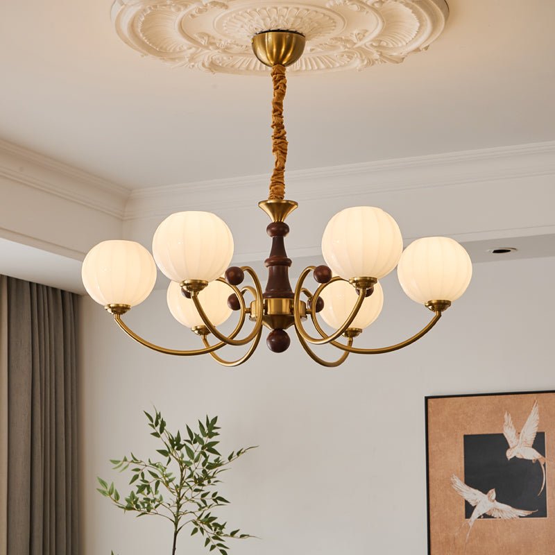Livia Six-Light Modern Globe Chandelier in Walnut and Gold