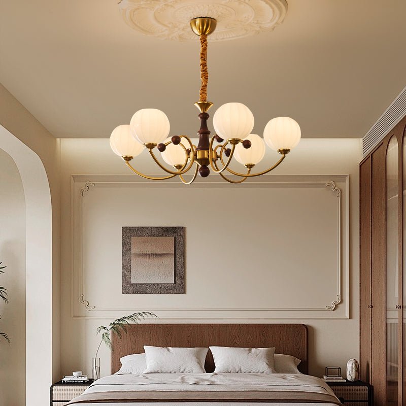 Livia Six-Light Modern Globe Chandelier in Walnut and Gold