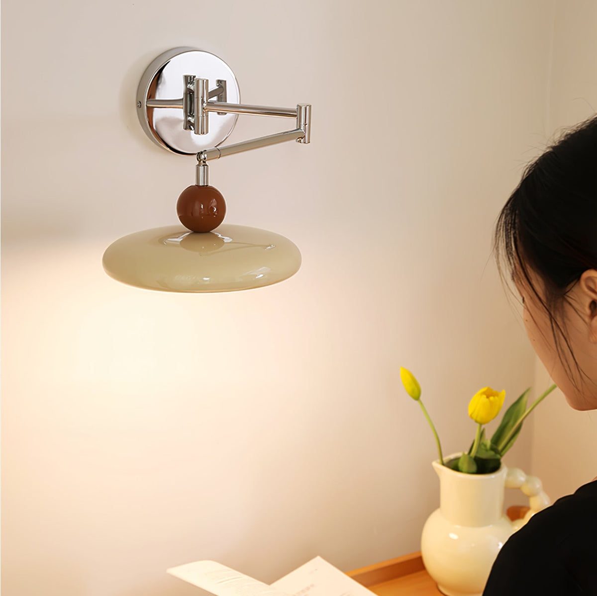 Lola Swing Arm Wall Sconce in Chrome or Green with Beige Shade
