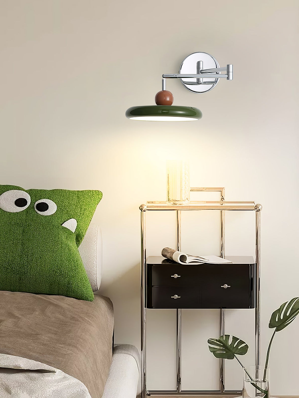 Lola Swing Arm Wall Sconce in Chrome or Green with Beige Shade