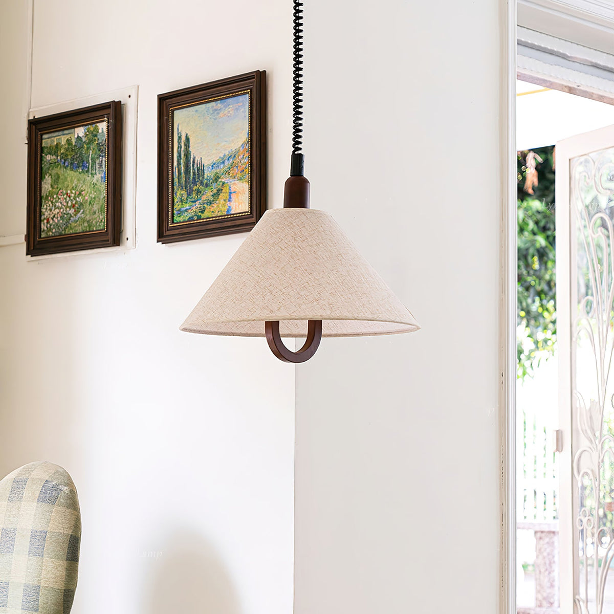 Loopeds Conical Fabric Pendant Light with Walnut Accents