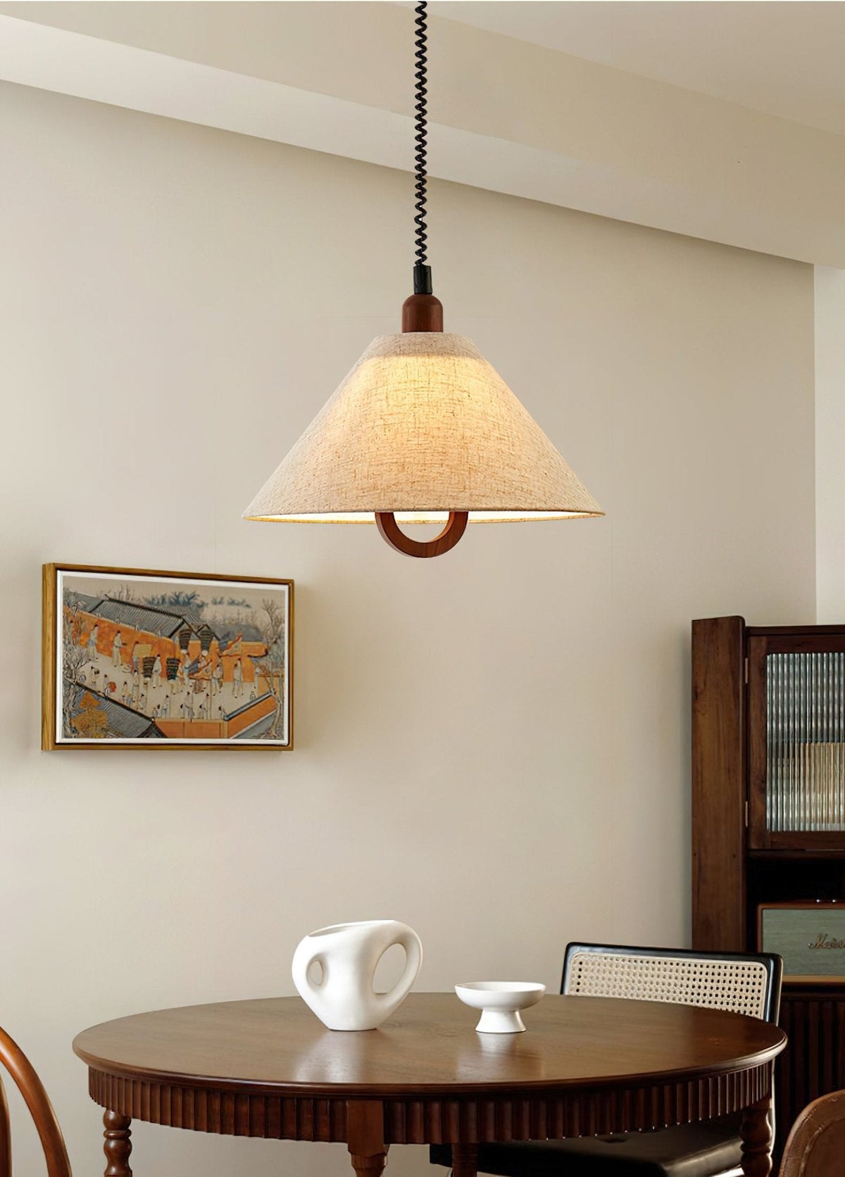 Loopeds Conical Fabric Pendant Light with Walnut Accents