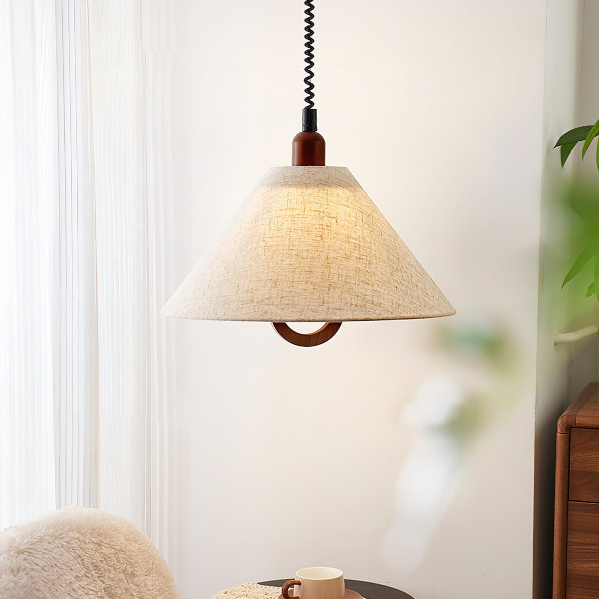Loopeds Conical Fabric Pendant Light with Walnut Accents