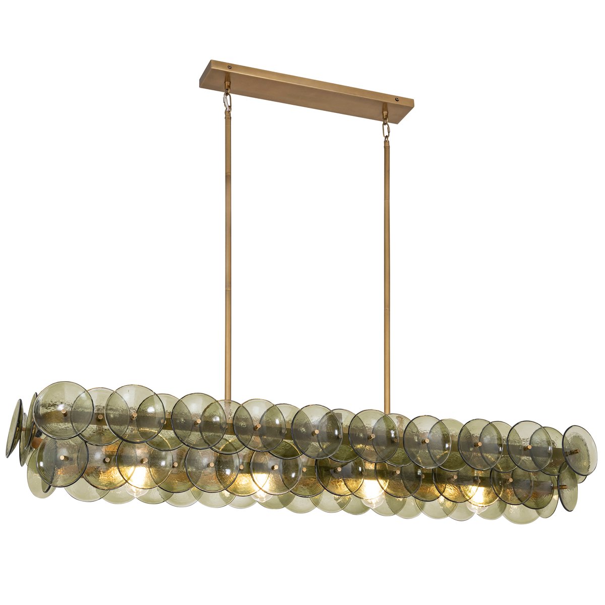 Linear Glass Disc Chandelier in Gold Frame, Modern Dining Room Lighting