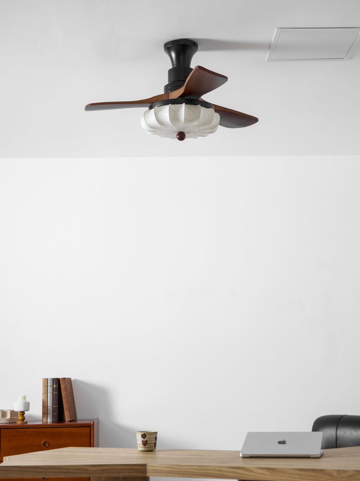 Lotus Bloom Ceiling Fan Light with Fabric Shade and Walnut Blades
