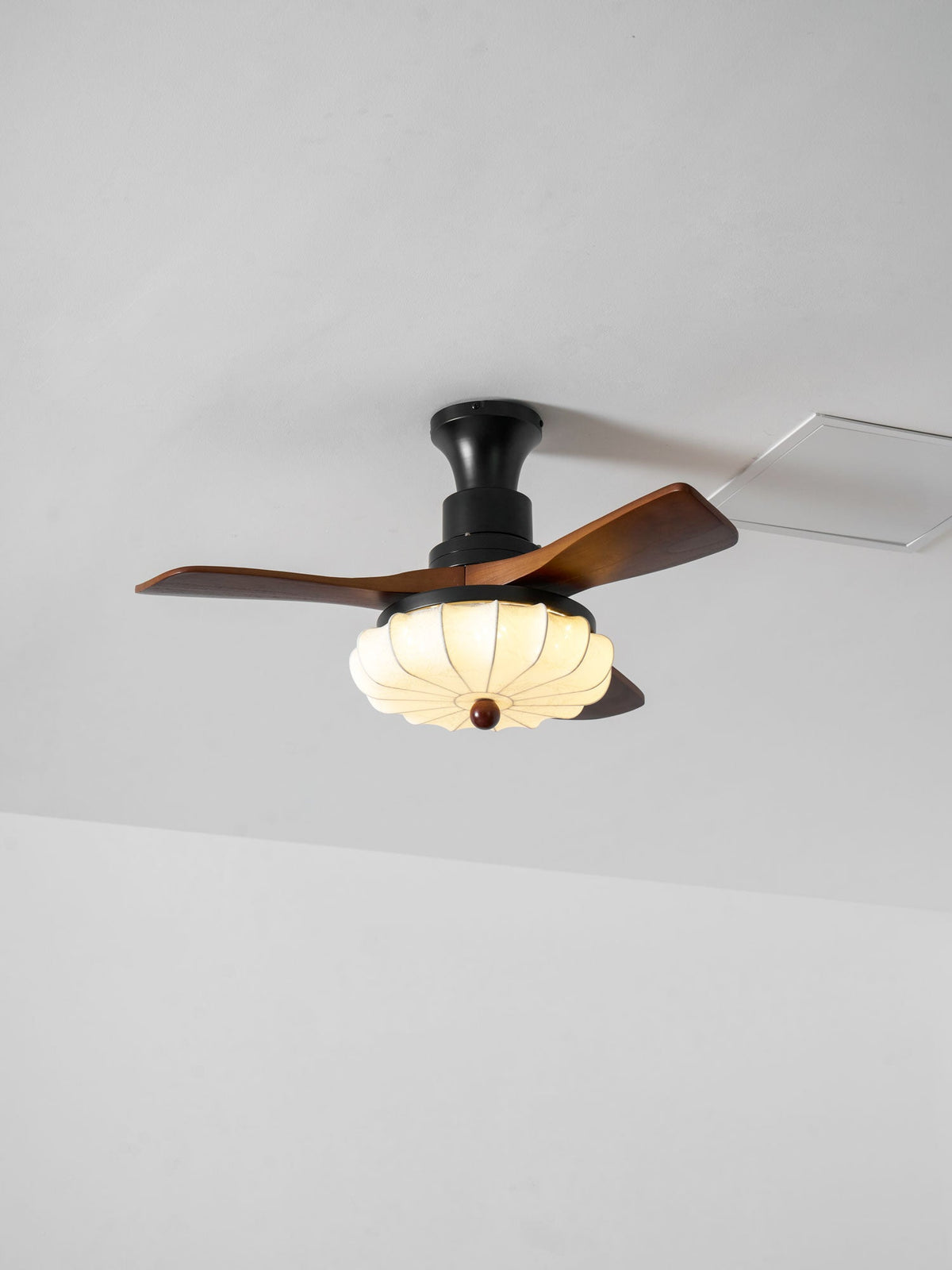 Lotus Bloom Ceiling Fan Light with Fabric Shade and Walnut Blades