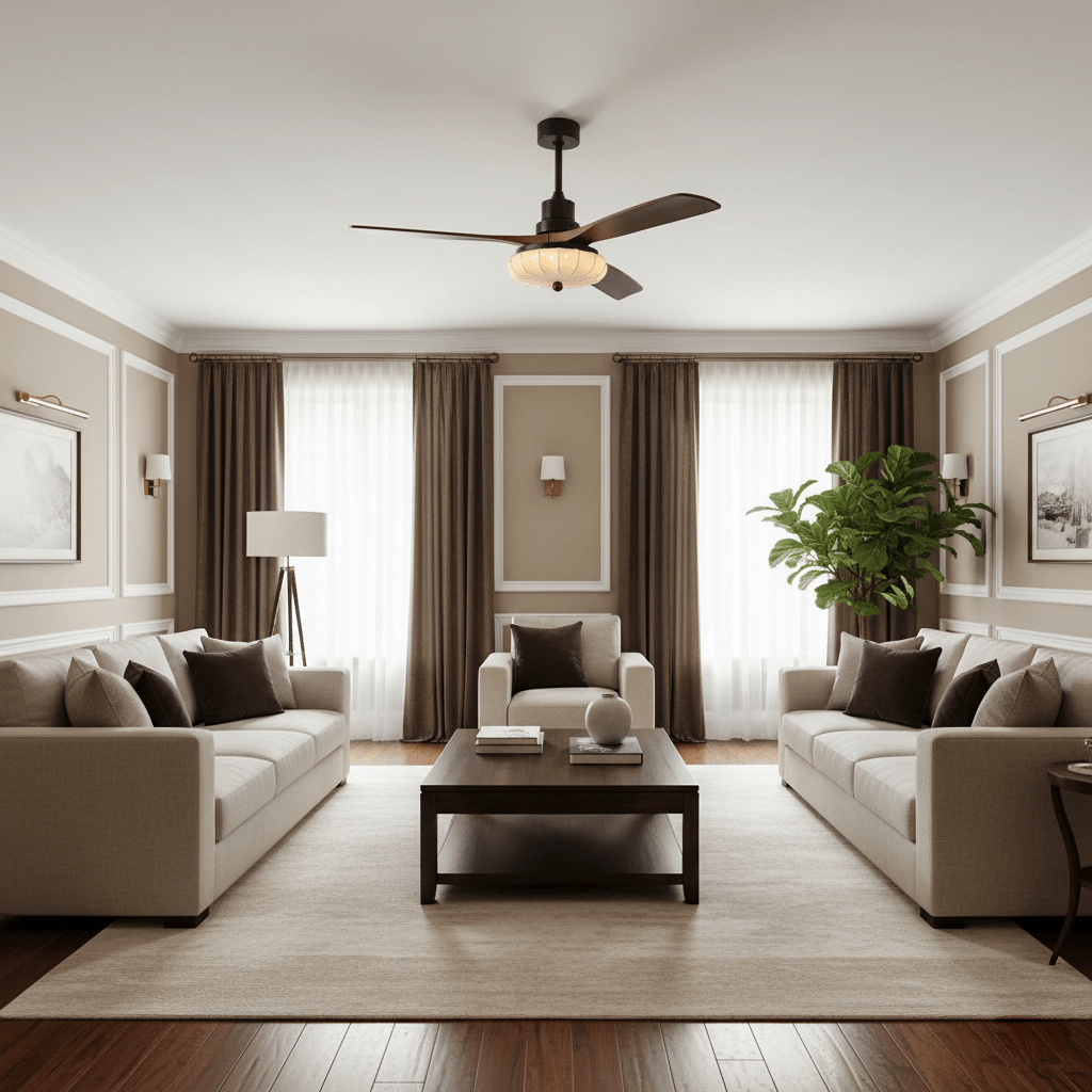 Lotus Bloom Ceiling Fan Light with Fabric Shade and Walnut Blades