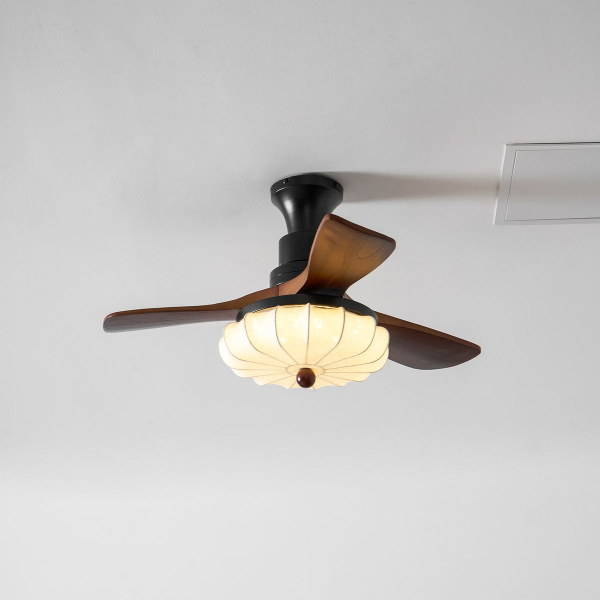 Lotus Bloom Ceiling Fan Light with Fabric Shade and Walnut Blades