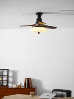 Lotus Bloom Ceiling Fan Light with Fabric Shade and Walnut Blades