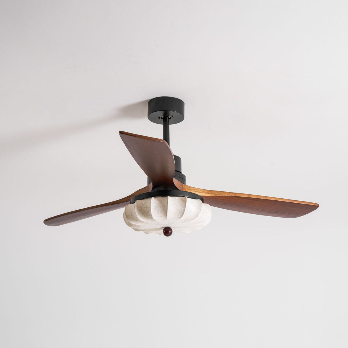 Lotus Bloom Ceiling Fan Light with Fabric Shade and Walnut Blades