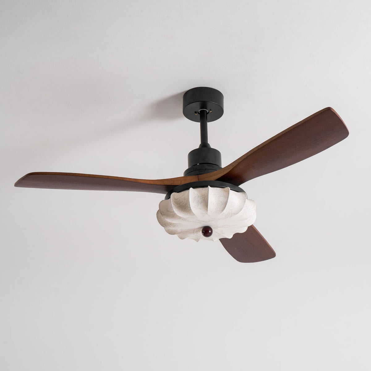 Lotus Bloom Ceiling Fan Light with Fabric Shade and Walnut Blades