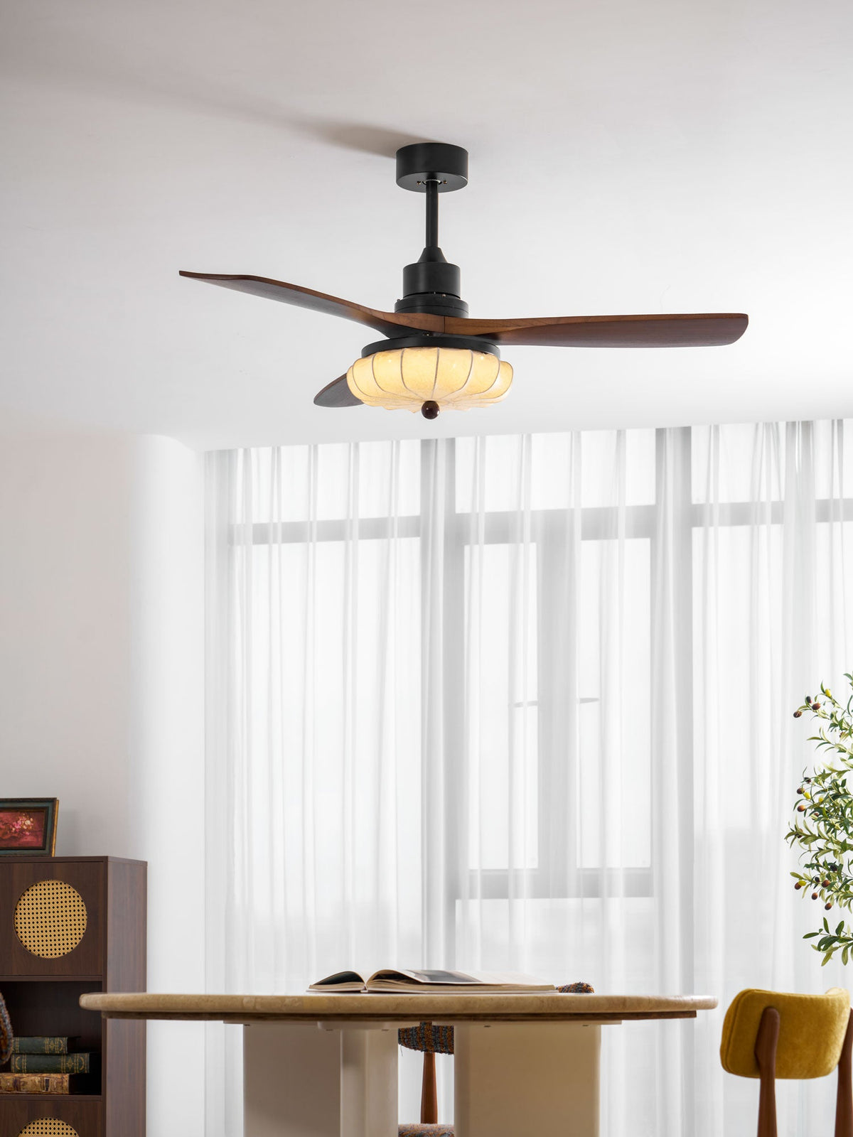 Lotus Bloom Ceiling Fan Light with Fabric Shade and Walnut Blades