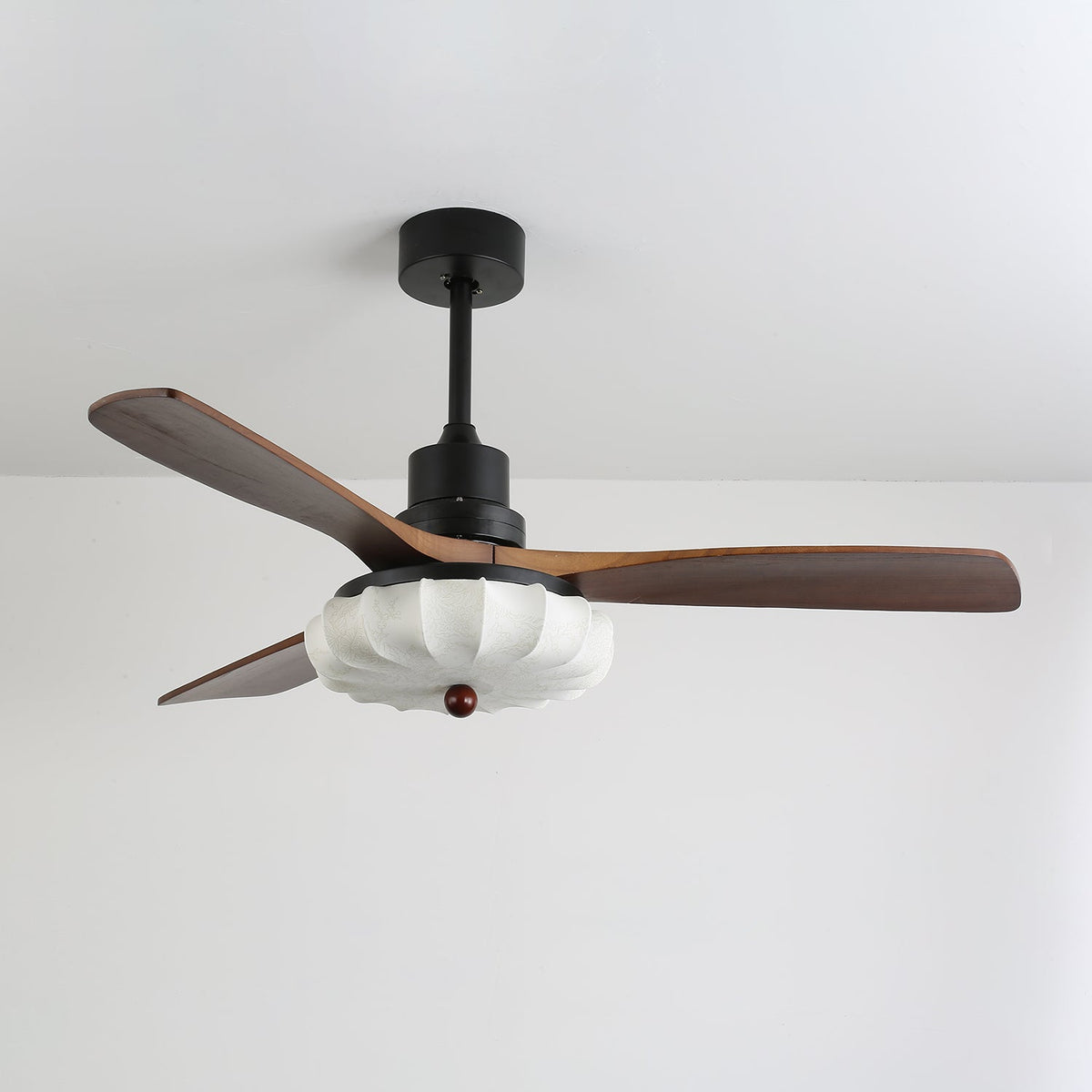 Lotus Bloom Ceiling Fan Light with Fabric Shade and Walnut Blades