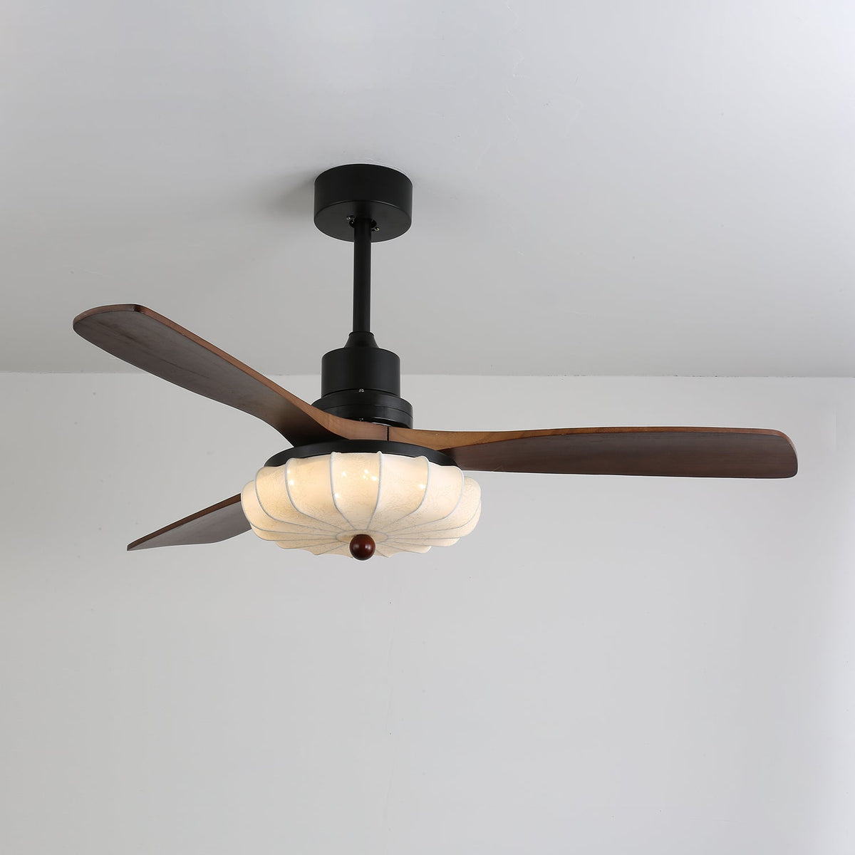 Lotus Bloom Ceiling Fan Light with Fabric Shade and Walnut Blades