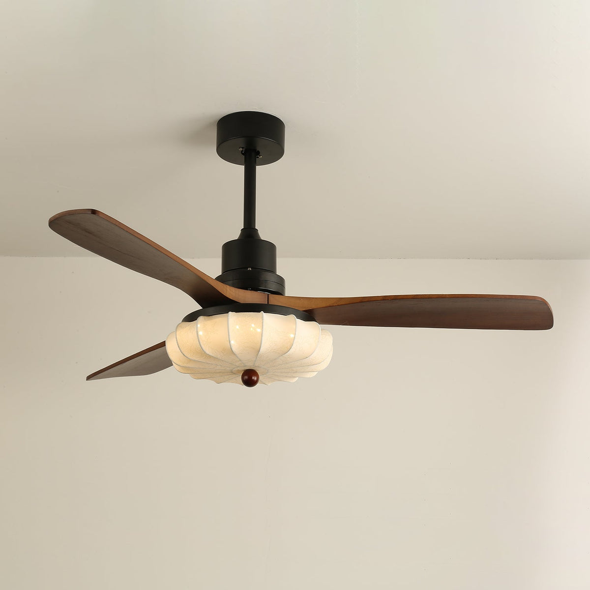 Lotus Bloom Ceiling Fan Light with Fabric Shade and Walnut Blades