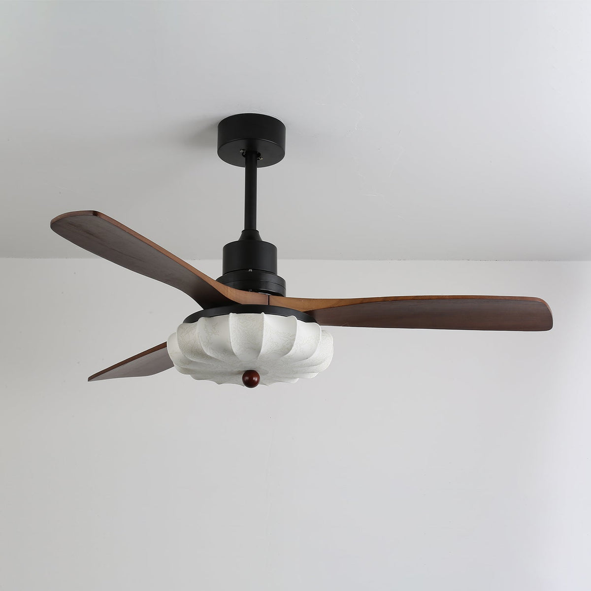 Lotus Bloom Ceiling Fan Light with Fabric Shade and Walnut Blades