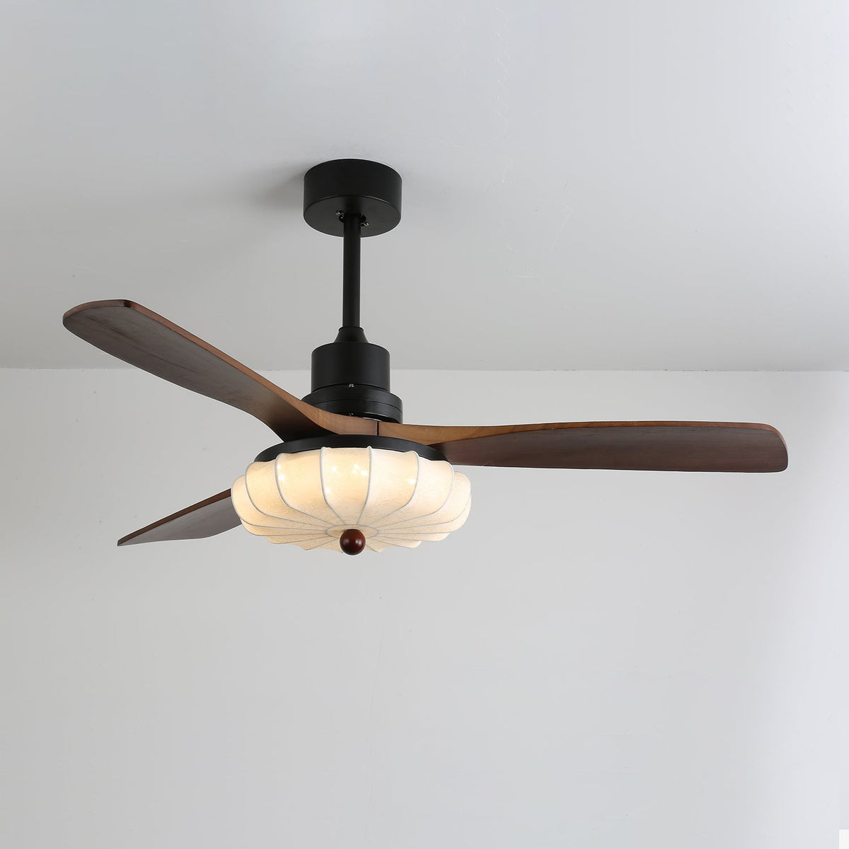 Lotus Bloom Ceiling Fan Light with Fabric Shade and Walnut Blades