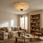 Lotus Bloom Pleated Ceiling Light – Flush Mount with Wooden Accent