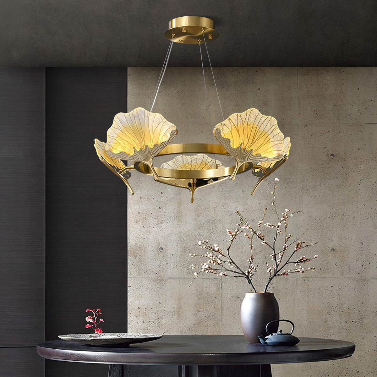 Lotus Leaf Enamel Stained Glass Chandelier