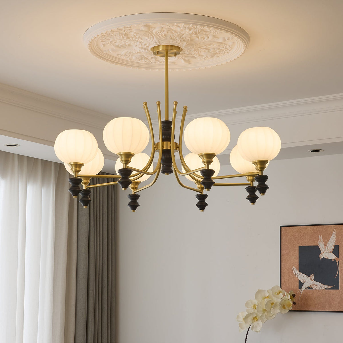 Lucerna Royale Chandelier – Brass & Walnut Wood Modern Chandelier for Dining Room and Foyer