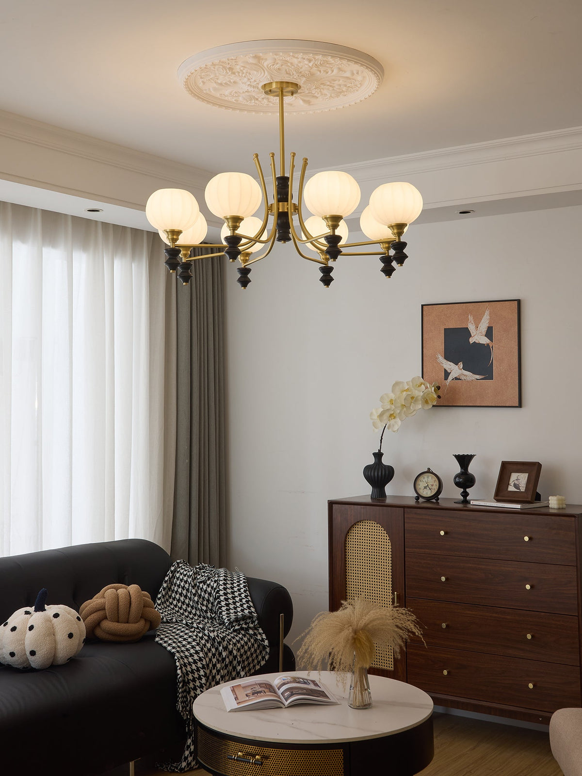 Lucerna Royale Chandelier – Brass & Walnut Wood Modern Chandelier for Dining Room and Foyer