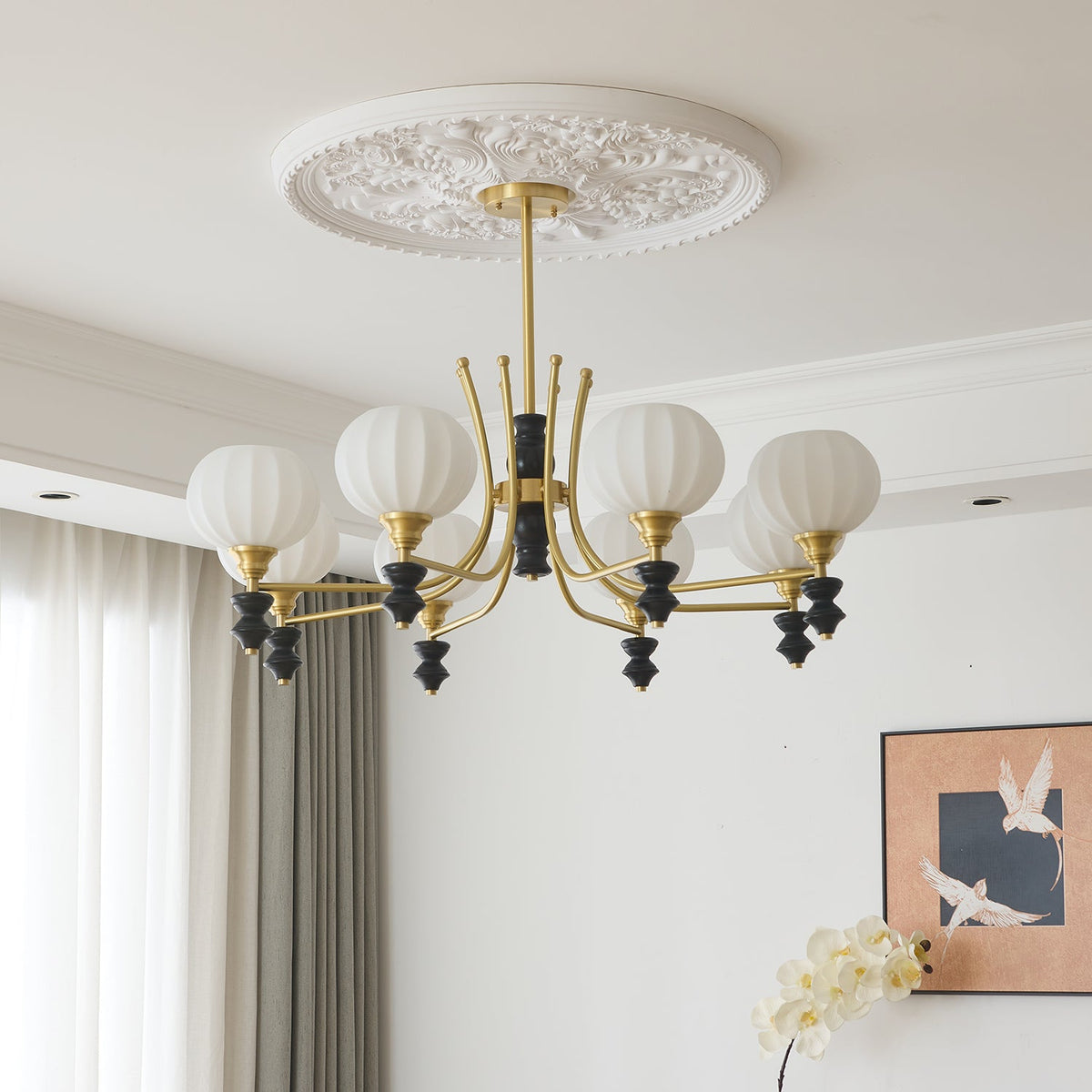 Lucerna Royale Chandelier – Brass & Walnut Wood Modern Chandelier for Dining Room and Foyer