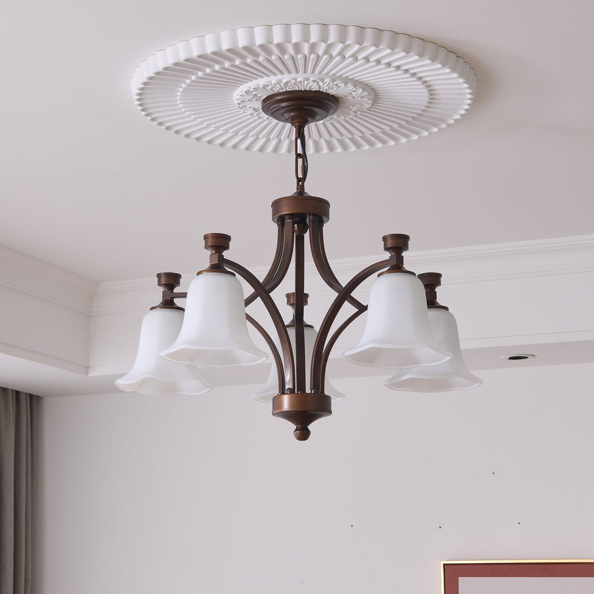 Lucian Bell Chandelier — Bronze & Glass Pendant Light for Dining Room
