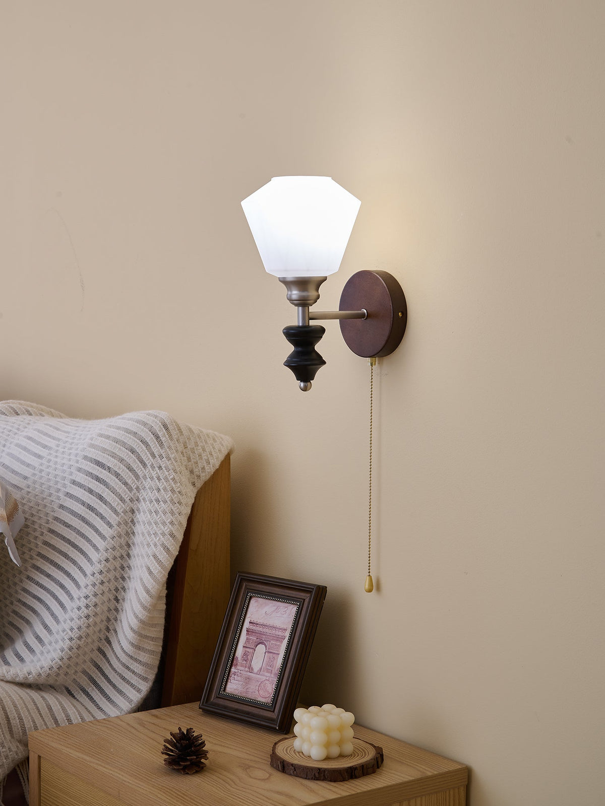 Lucille Hexagonal Glass Wall Sconce with Wood and Metal Accents