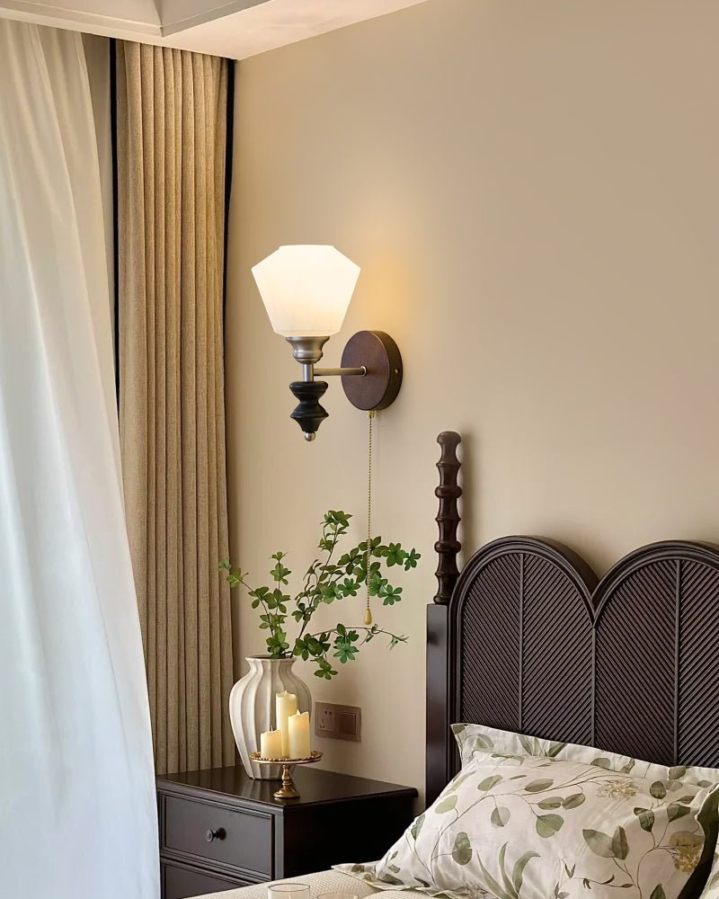 Lucille Hexagonal Glass Wall Sconce with Wood and Metal Accents
