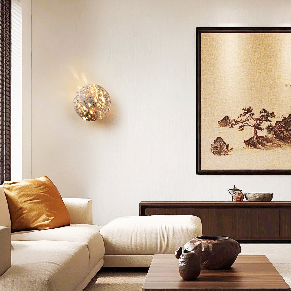 Luma Vein Stone Sphere Wall Sconce in Yellow Travertine