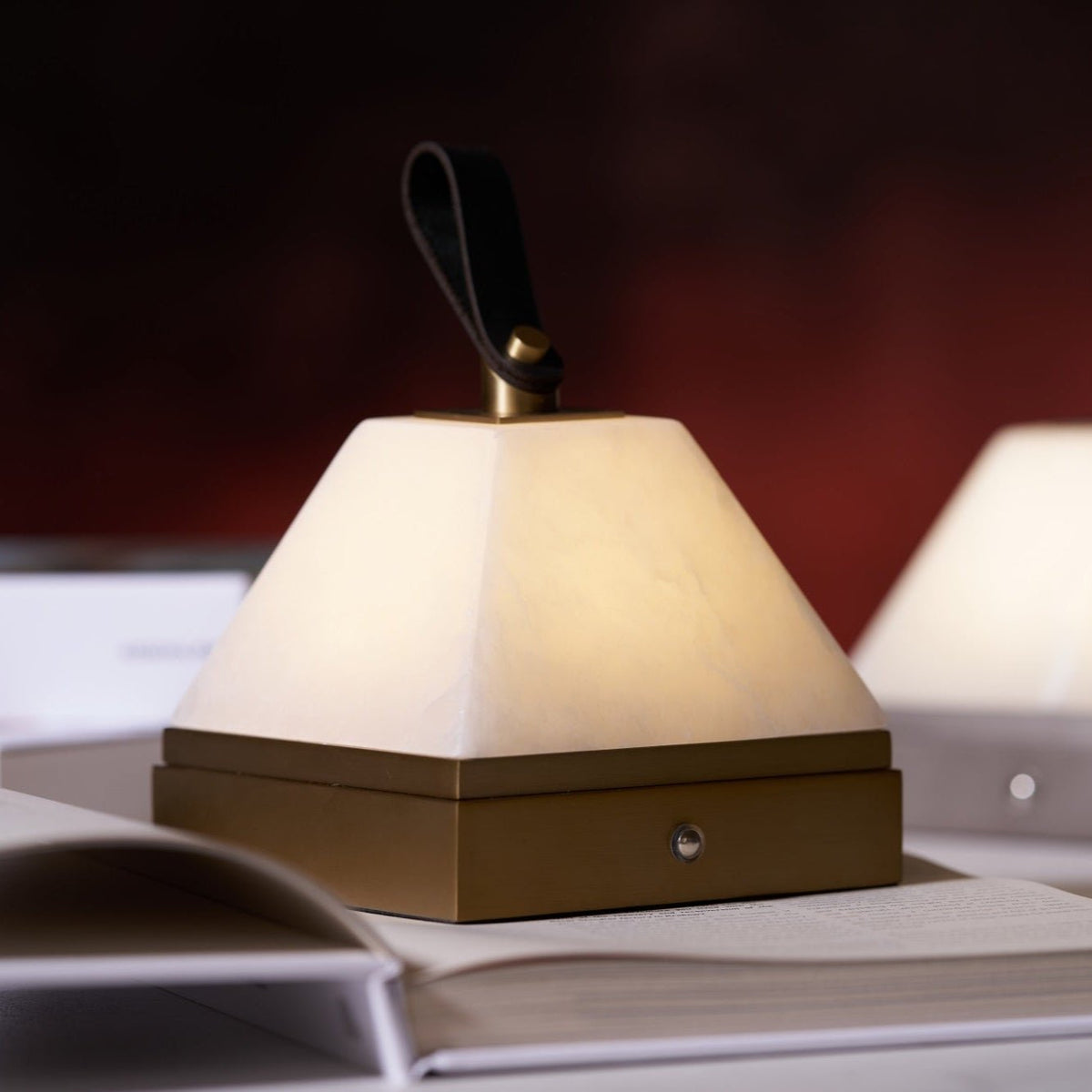 Luma Cube Alabaster Portable Table Lamp with Leather Handle
