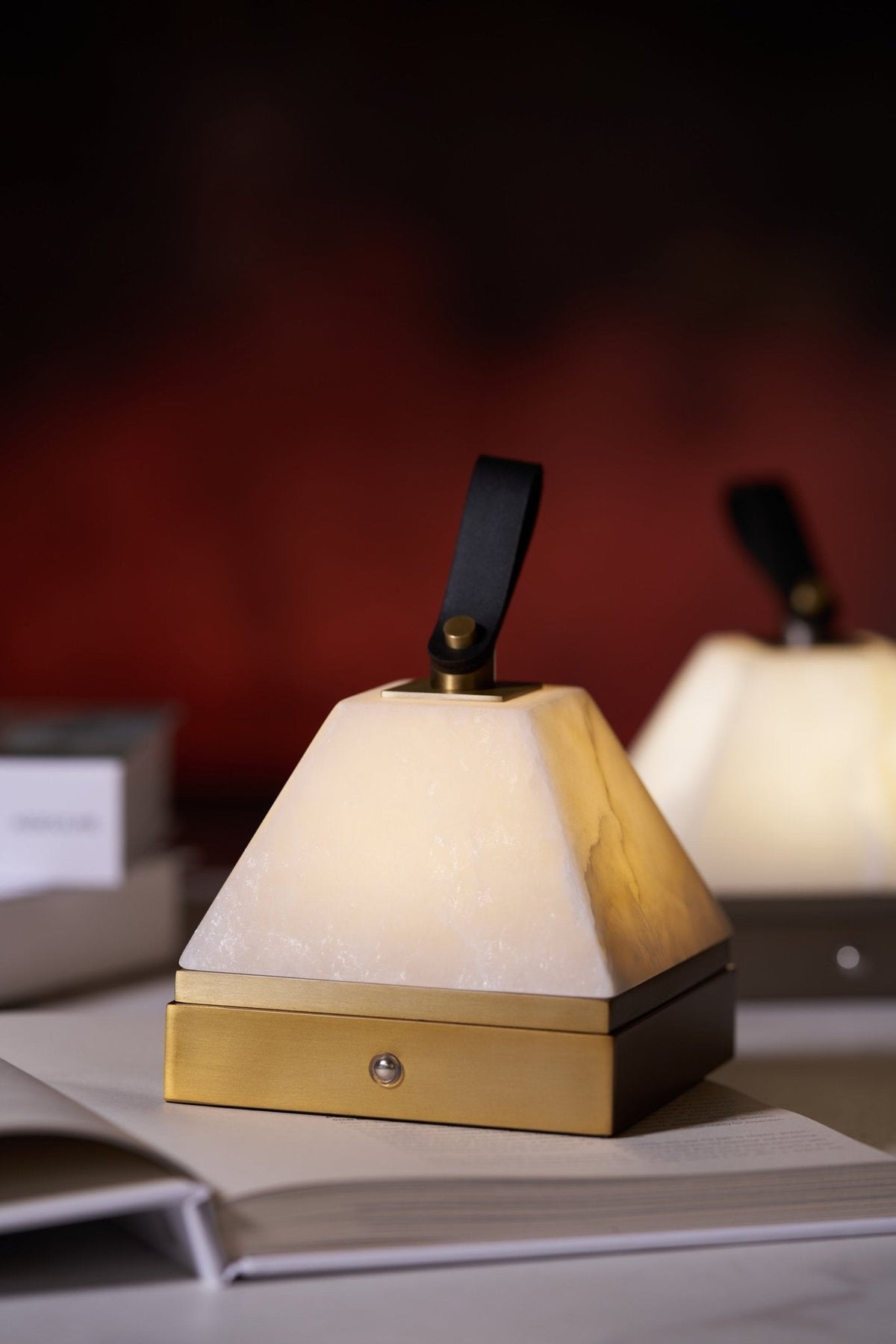 Luma Cube Alabaster Portable Table Lamp with Leather Handle
