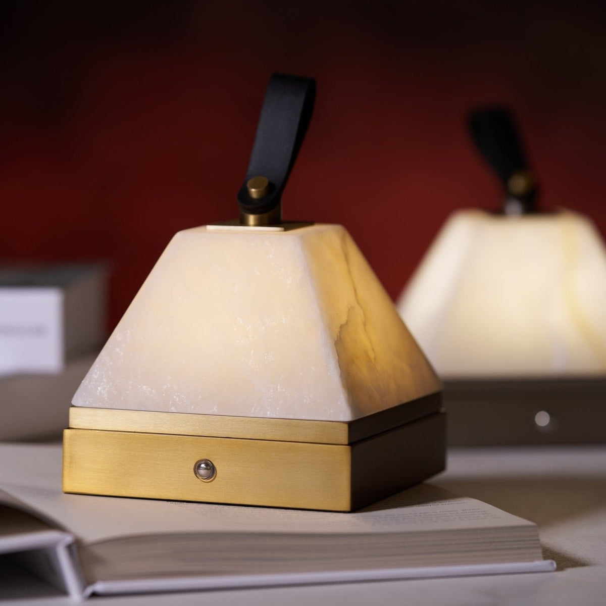 Luma Cube Alabaster Portable Table Lamp with Leather Handle