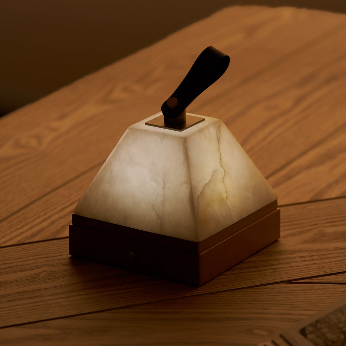 Luma Cube Alabaster Portable Table Lamp with Leather Handle
