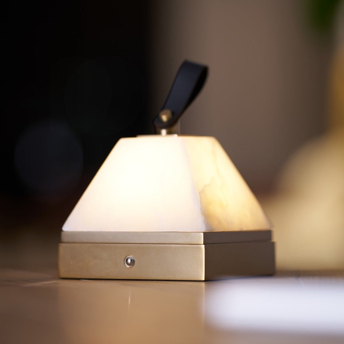 Luma Cube Alabaster Portable Table Lamp with Leather Handle