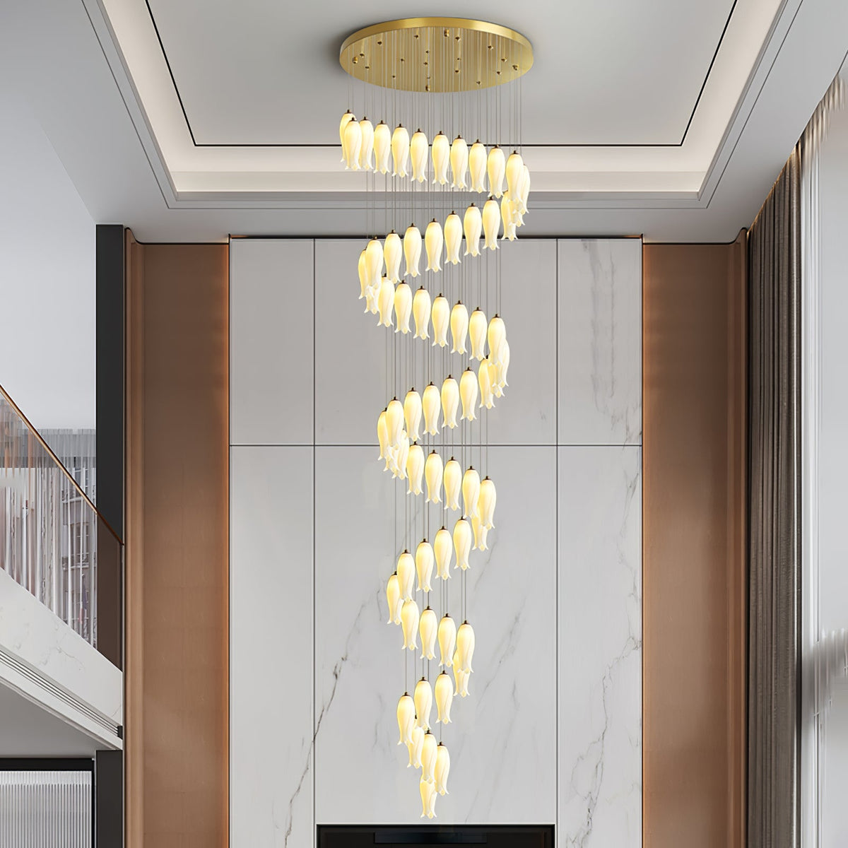 Luma Flora Stairs Chandelier – Cascading Ceramic Petal Light for Grand Interiors