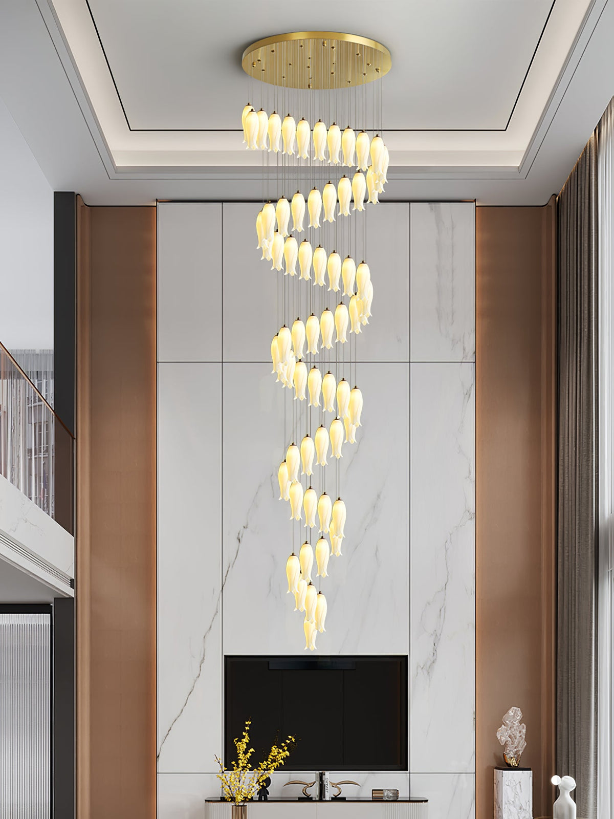 Luma Flora Stairs Chandelier – Cascading Ceramic Petal Light for Grand Interiors