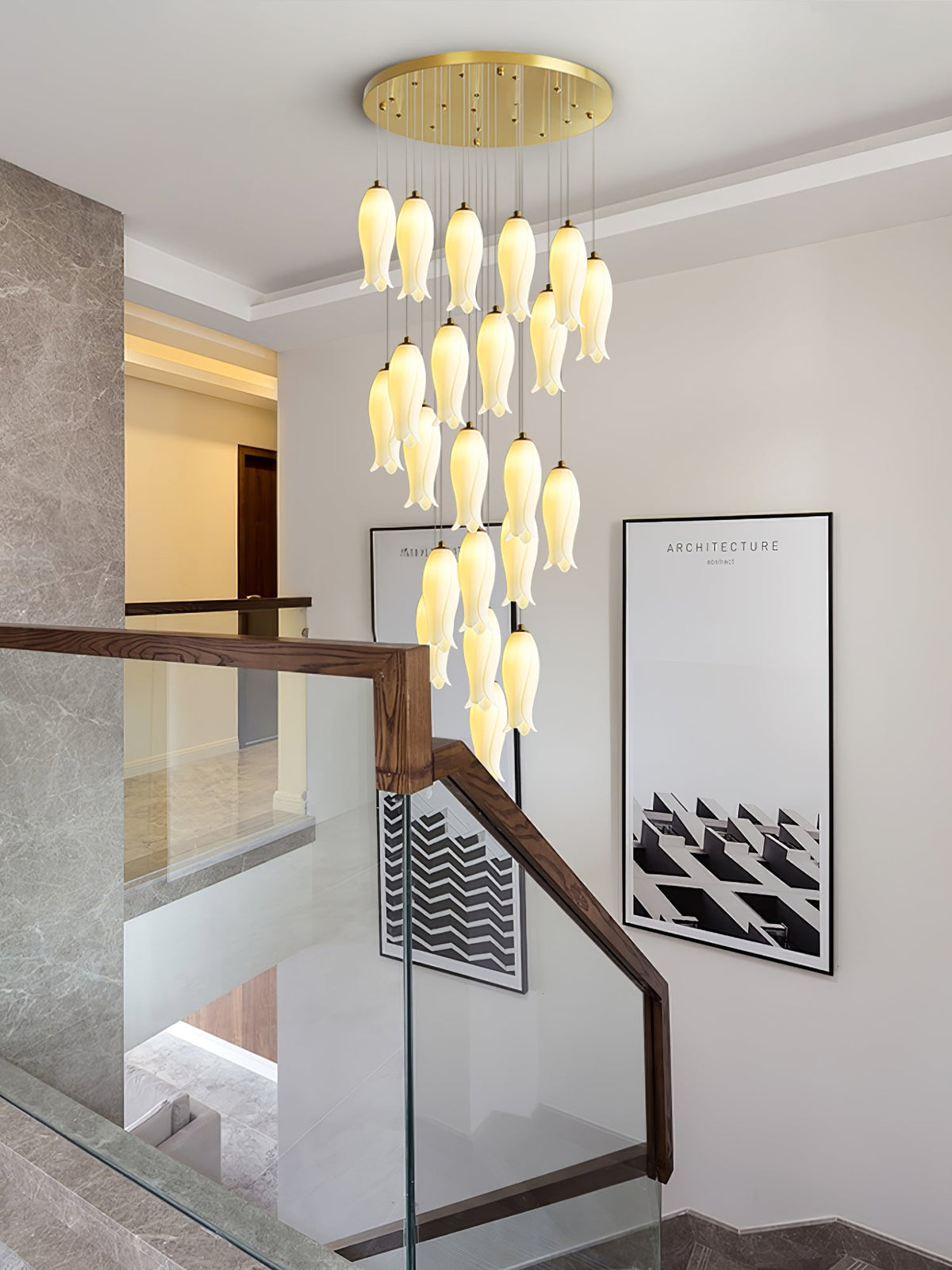Luma Flora Stairs Chandelier – Cascading Ceramic Petal Light for Grand Interiors