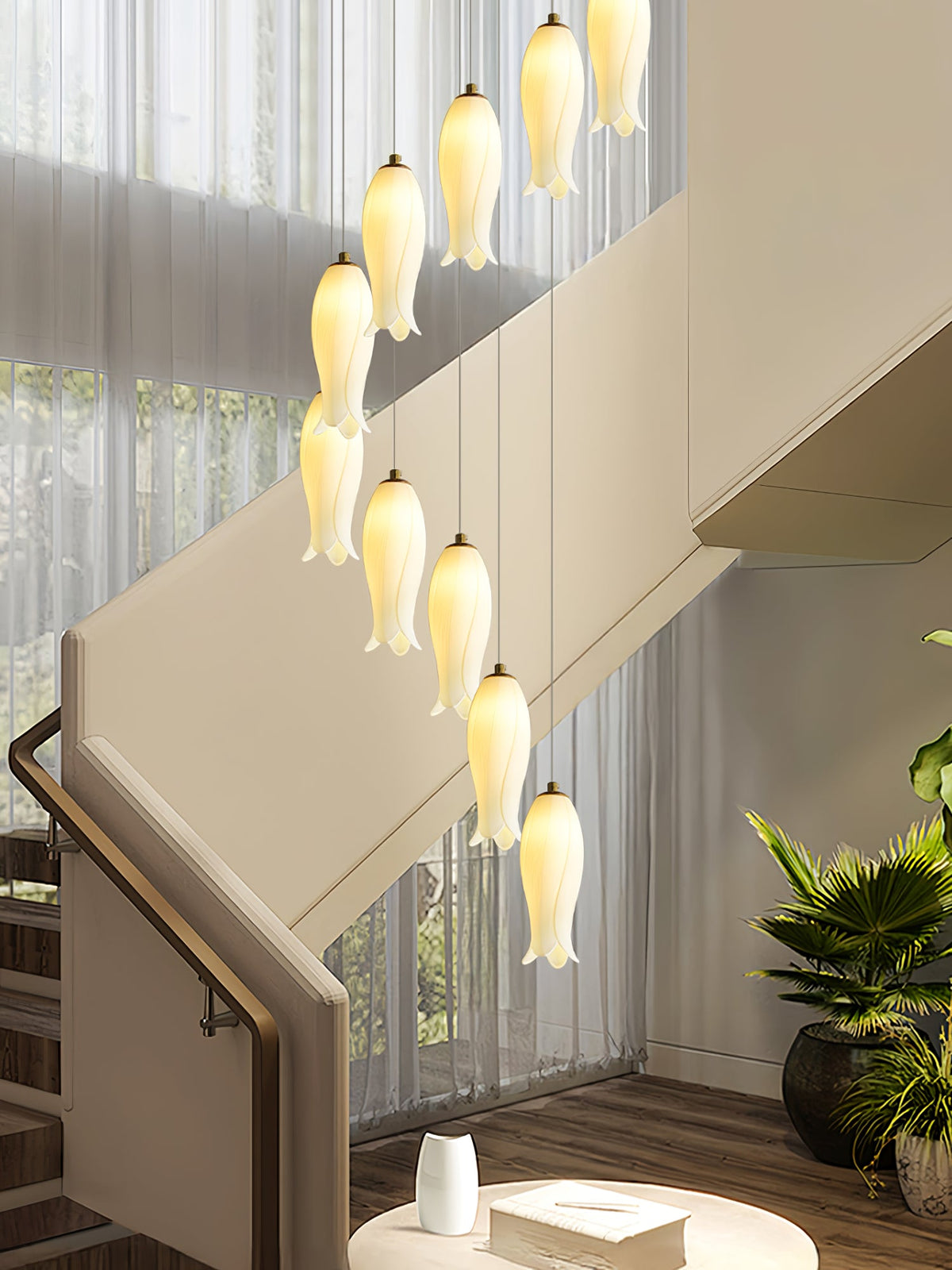 Luma Flora Stairs Chandelier – Cascading Ceramic Petal Light for Grand Interiors