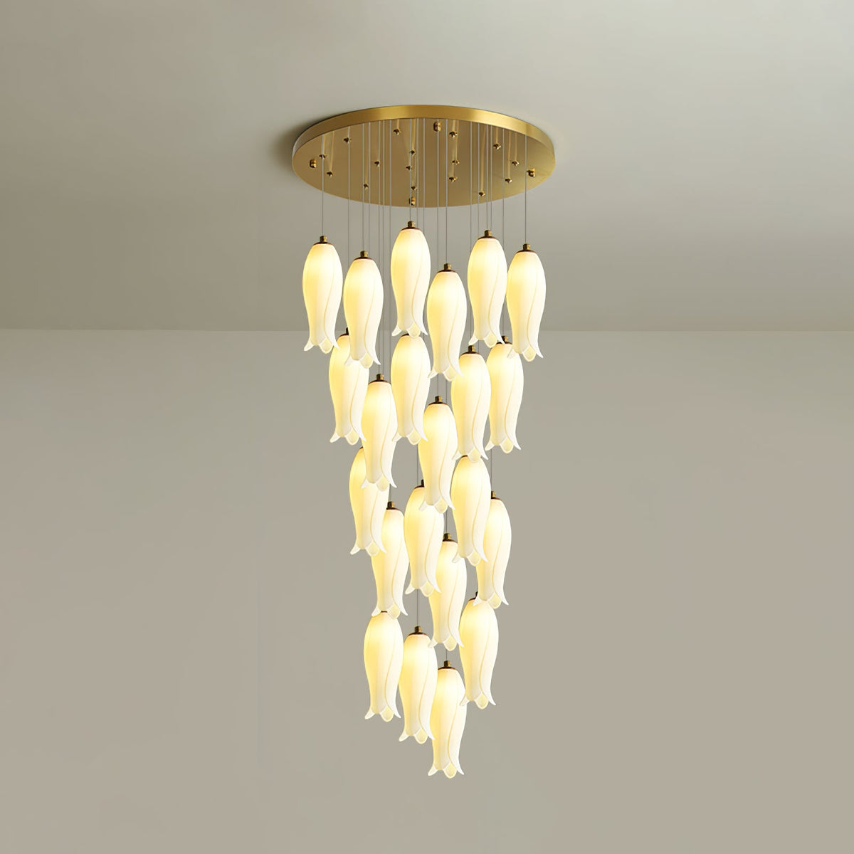 Luma Flora Stairs Chandelier – Cascading Ceramic Petal Light for Grand Interiors