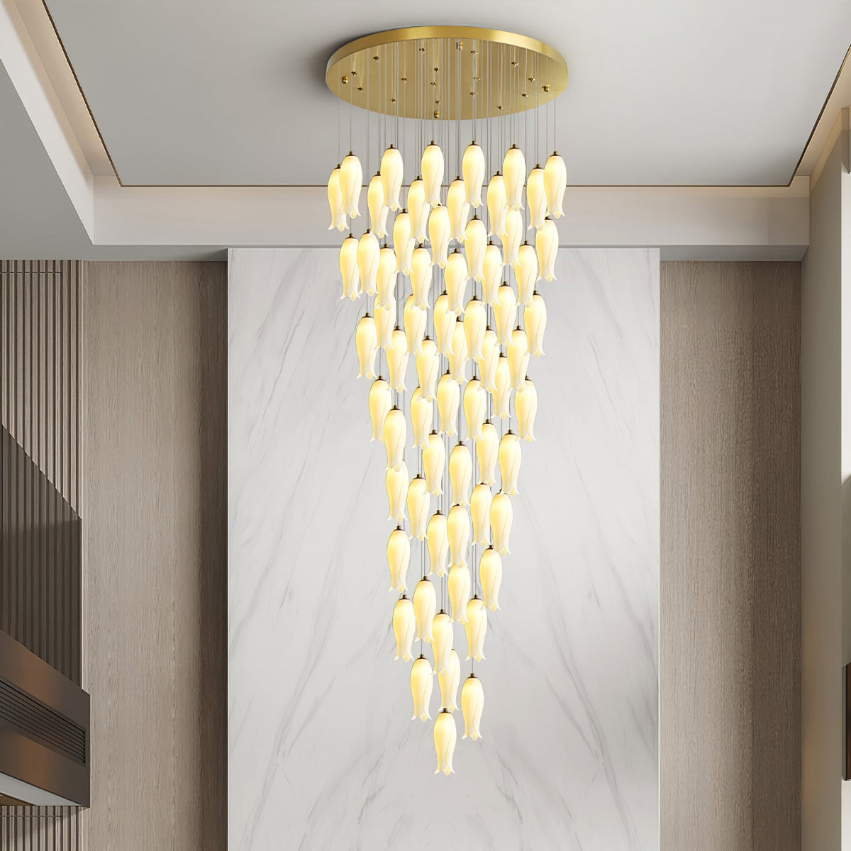 Luma Flora Stairs Chandelier – Cascading Ceramic Petal Light for Grand Interiors