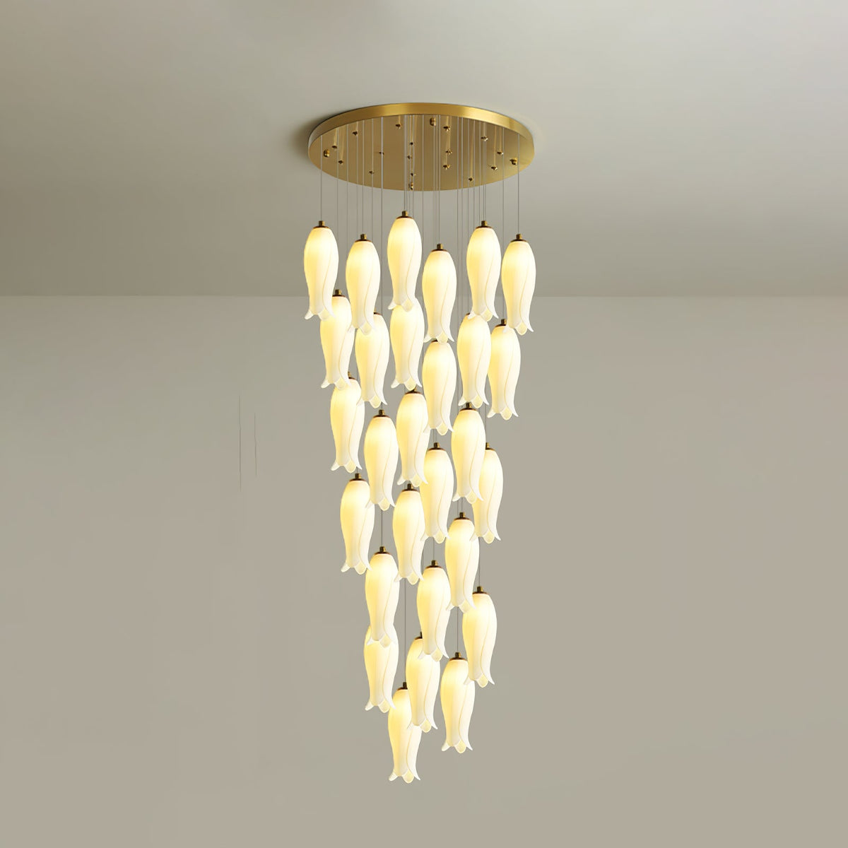 Luma Flora Stairs Chandelier – Cascading Ceramic Petal Light for Grand Interiors